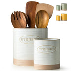 YHOSSEUN Utensil Holder Set of 2, Ceramic Utensil Holder for Kitchen Counter, 6.7"+5.1" Kitchen Utensil Crocks Spatula Holder for Countertop, Two-tone Finish Oval Opening
