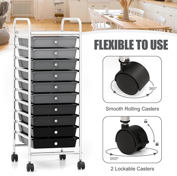 GOFLAME 10-Drawer Rolling Storage Drawer Cart, Utility Cart with Removable Drawers & Metal Frame, Mobile Art Craft Drawer Cart with Lockable Wheels for Home, Office, Studio, School, Gray Gradient