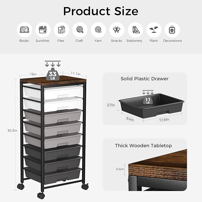 Rolling Cart with 8 Drawers, Plastic Drawer Storage Carts with Wheels & Wooden Tabletop, Metal Utility Cart Organizer for Bedroom Living Room Office Classroom Craft Organization and Storage, Grey