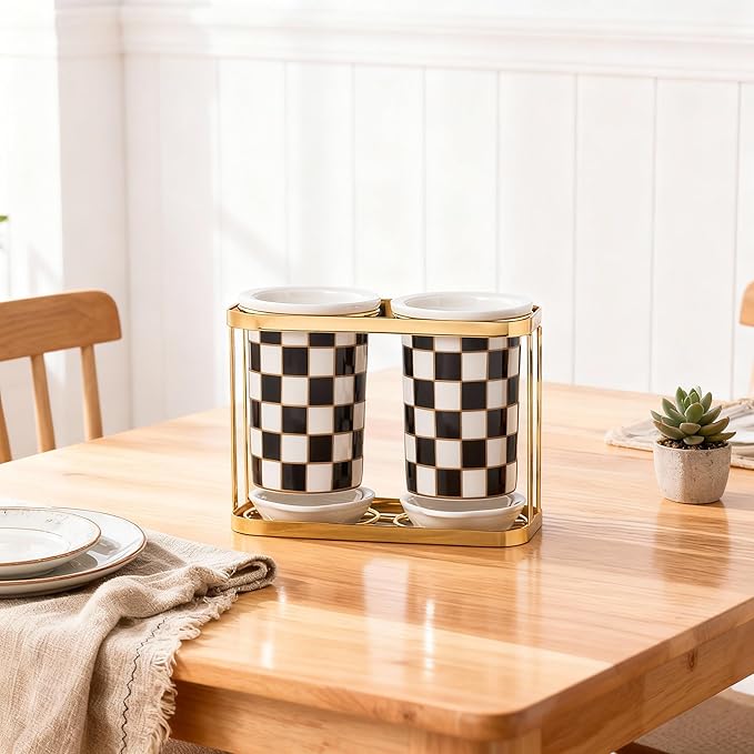 Ceramic Checkered Utensil Crocks with Gold Metal Rack, Black & White Grid Kitchen Utensil Storage, Farmhouse Kitchen Decor, Flatware Organizer & Home Accessory (Black)