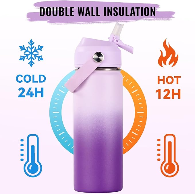 18oz Insulated Stainless Steel Water Bottle, Wide Mouth Double Wall Vacuum, Silicone Straw, Sweat & Leak Proof, BPA Free Insulated Water Flask for Travel, Purple Gradient