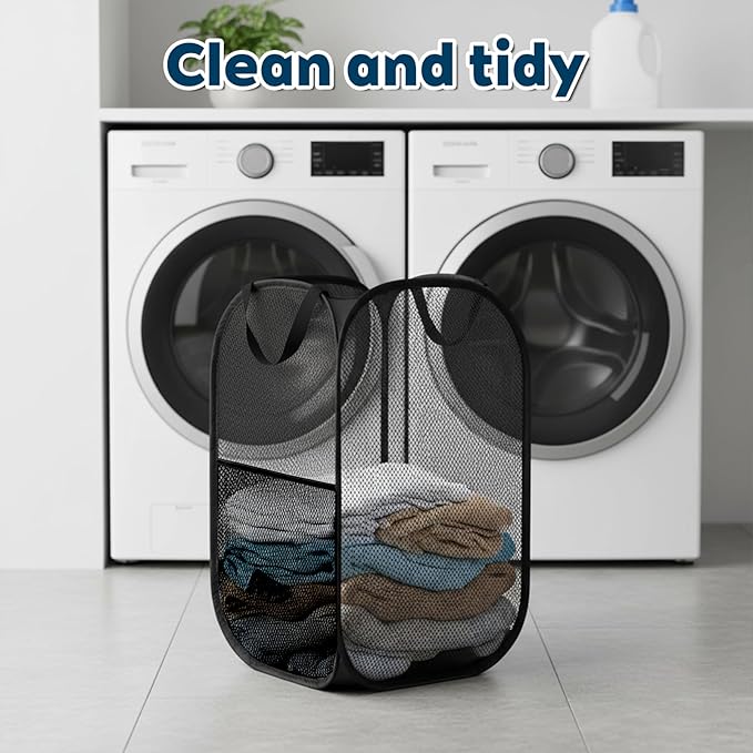 SHENLIU 6 Pcs Popup Mesh Laundry Baskets, Collapsible Portable Clothes Washing Laundry Hampers with Carry Handles, Clothes Hamper for Home, Travel, College Dorm, 14.6 x 22.8 Inch (Gray, Black, White)