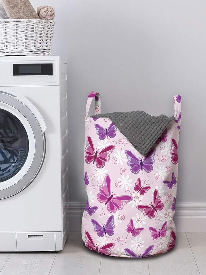 Ambesonne Butterfly Laundry Bag, Various Flying Butterflies Colors Hippie Style Print Design, Hamper Basket with Handles Drawstring Closure for Laundromats, 13" x 19", Purple Pink