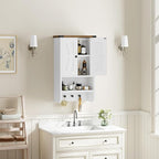 Bathroom Wall Cabinet, Farmhouse Medicine Cabinet with Adjustable Shelf, 3-Tier Wall-Mounted Storage Cabinet with 3 Hooks and Open Shelf, for Bathroom, Living Room, Kitchen, White and Walnut