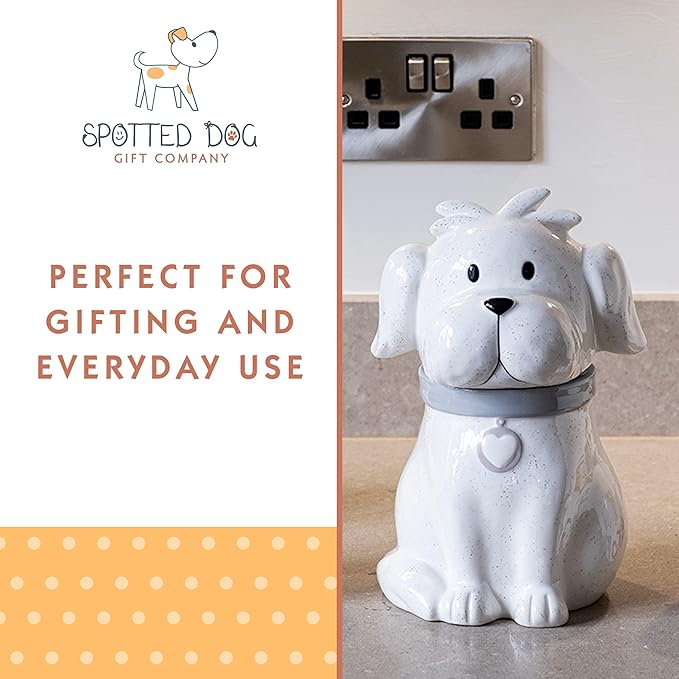 SPOTTED DOG GIFT COMPANY Ceramic Cookie Jar with Lid, Large Dog Treat Jar for Cookies & Biscuits, Cute Novelty Storage Container for Kitchen Counter, Gifts for Dog Lovers - 49oz White