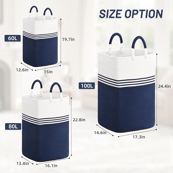 Laundry Basket Hamper,Blanket Storage,Dirty Clothes Hamper with Swivel Handles,Woven Cotton Rope Toy Baskets,Blanket Basket Living Room,Decorative Hampers for Nursery,Bedroom,White & Blue,60L