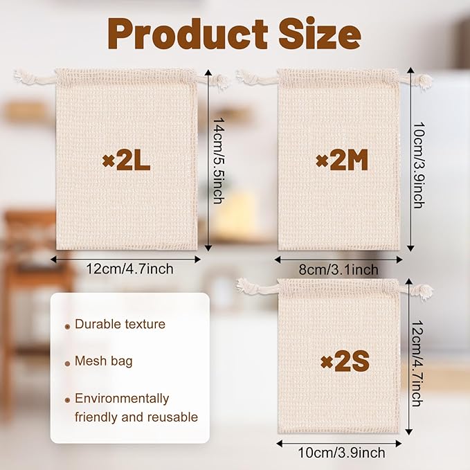 6 Pack Reusable Produce Bags Washable Reusable Bags Cotton Mesh Produce Bag Double-Stitched with Drawstring Vegetable Bag for Refrigerator for Farmer Market Beach Fruit Grocery Shopping （2L、2M、2S）