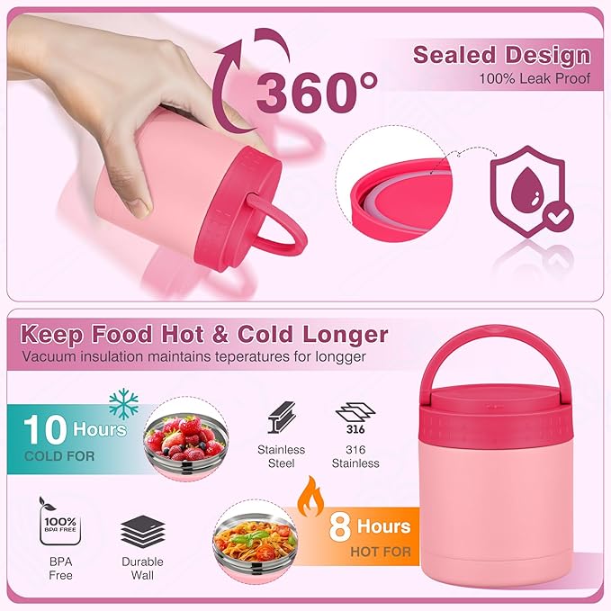 Bento Lunch Box Set with 10.5oz Soup Thermo Food Jar for Adults Kids, Stainless Steel Leak-proof Lunch Container with 4 Compartment, Coffee Tumbler with Lunch Bag for School Travel Office-Pink