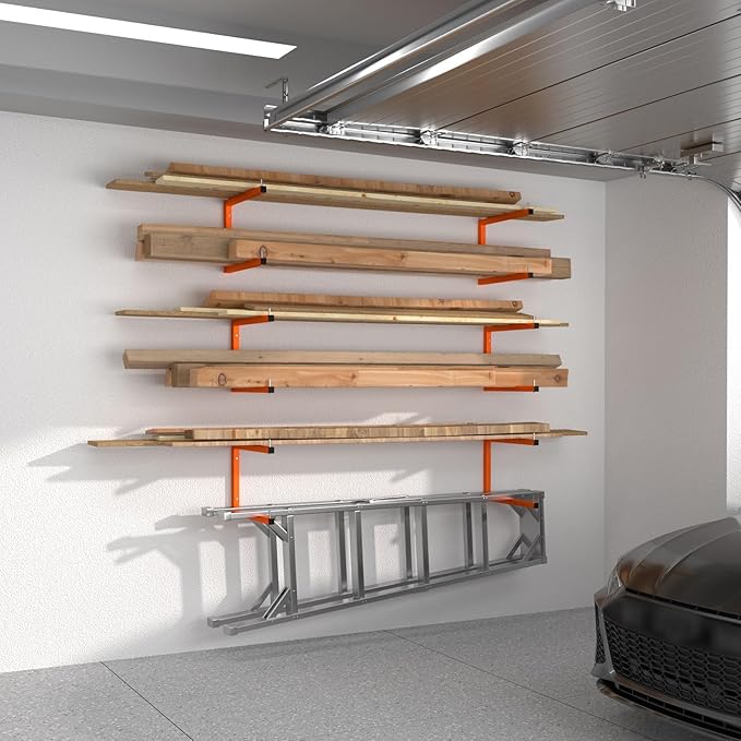 2 Pack Lumber Storage Rack | Wall-Mounted Wood Storage | 2-Tier Heavy-Duty Lumber Rack | 440 lb Capacity Garage Metal Wood Organizer | Indoor/Outdoor Use (2 Pack-2 Level)