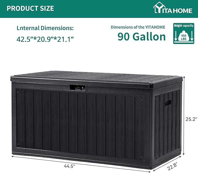 YITAHOME 90 Gallon Large Deck Box, Double-Wall Resin Outdoor Storage Boxes, Deck Storage for Patio Furniture, Cushions, Pool Float, Garden Tools, Lockable & Waterproof (Black)