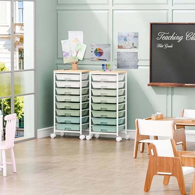 Rolling Cart with 8 Drawers, Storage Drawers Cart with Wooden Tabletop and Lockable Wheels, Utility Cart for Living Room, Office, Classroom, Craft Room, Green