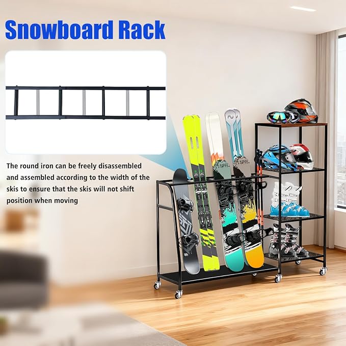 Heavy-Duty Freestanding Snowboard Rack & Snowboard Storage Rack with Wheels – Holds 4 Pairs of Skis, 3 Snowboards, Boots, Poles, Helmets & More Ski Sports Equipment – Ideal for Garage, Basement, Shed