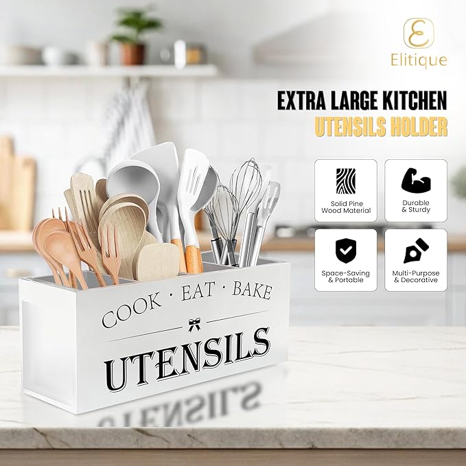 Kitchen Utensil Holder For Countertop With 4 Compartments - Kitchen Organizer Countertop, Extra Large Utensil Holder, Cooking Utensils Holder - White