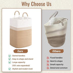 Laundry Basket Hamper,Blanket Storage,Dirty Clothes Hamper with Swivel Handles,Woven Cotton Rope Toy Baskets,Blanket Basket Living Room,Decorative Hampers for Nursery,Bedroom,White & Brown,60L