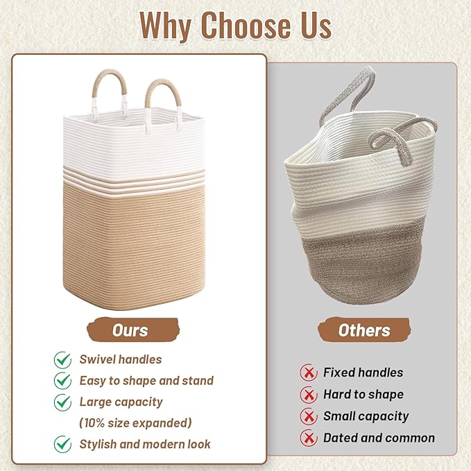 Laundry Basket Hamper,Blanket Storage,Dirty Clothes Hamper with Swivel Handles,Woven Cotton Rope Toy Baskets,Blanket Basket Living Room,Decorative Hampers for Nursery,Bedroom,White & Brown,80L