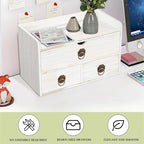 Wood Desk Organizer with Drawer, White Wooden Desktop Organizer, Tabletop Storage Organization Box for Countertop, Home Office Supplies, 13.5x6.6x8.2 Inch(3 Drawer and Shelf)