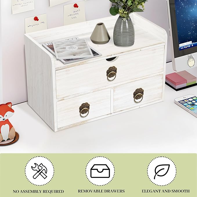 Wood Desk Organizer with Drawer, White Wooden Desktop Organizer, Tabletop Storage Organization Box for Countertop, Home Office Supplies, 13.5x6.6x8.2 Inch(3 Drawer and Shelf)