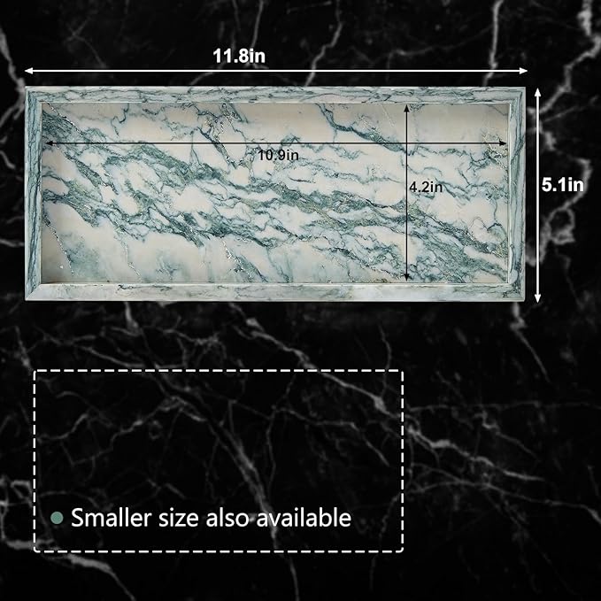 Natural Small Marble Vanity Tray, Luxury Stone Organizer for Bathroom & Kitchen | Holds Soap Dispenser, Jewelry, Perfume | Non-Resin, Non-Ceramic Décor (Cyan-Green, M (11.8" x 5.1" x 0.78"))