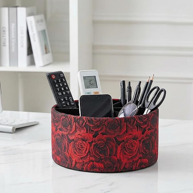 QIELIZI Remote Control Holder, 360°Spinning PU Leather Desk TV Remote Caddy,Desk Storage Box Room Accessories for Controller, Media,Mail,Calculator, Mobile Phone,Pencil(1-B3D Red)