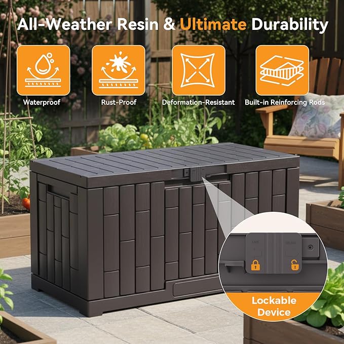 DUMOS 60 Gallon Deck Box, UV Resistant Waterproof Storage Bin for Patio Cushions Gardening Tools, Lockable Resin Outdoor Storage Box with Hundles, Brown