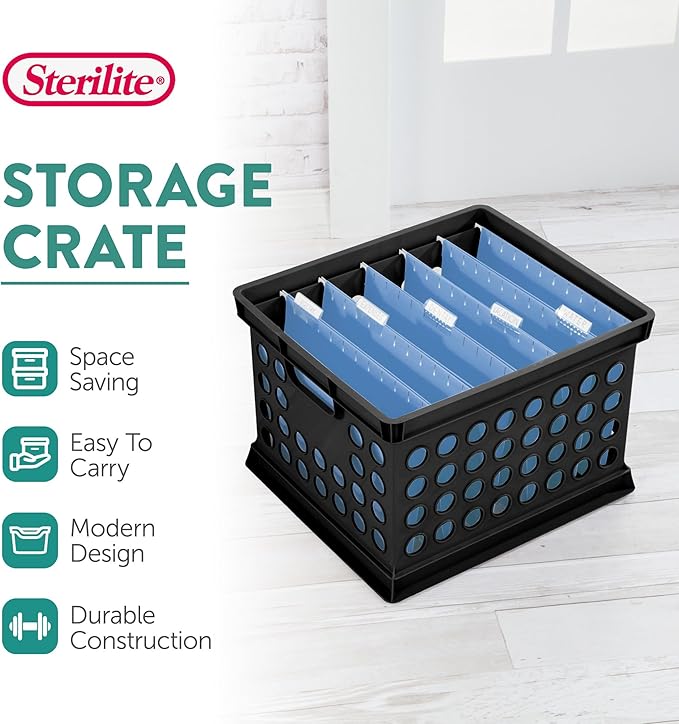 Sterilite Stackable Plastic Storage Crate Bin Organizer File Box with Handles for Home, Office, Dorm, Garage, or Utility Organization, Black, 24-Pack