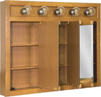 Design House Richland Medicine Cabinet with 5 Lights, Fully Assembled, Wall Mounted, 3 Mirrored Doors, Wood Frame, Oak Finish, 36 in x 5 in x 30 in, 530618-NOK