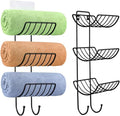 Adhesive Towel Holder for Bathroom Wall Mounted, No Drill Towel Rack Organizer with 2 Hooks for Bath Wall Storage, Black, 2 Pack
