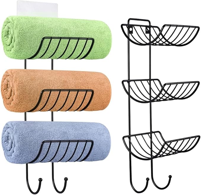 Adhesive Towel Holder for Bathroom Wall Mounted, No Drill Towel Rack Organizer with 2 Hooks for Bath Wall Storage, Black, 2 Pack