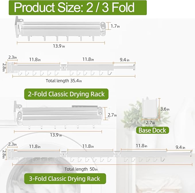 Clothes Drying Rack, Laundry Drying Rack Wall Mounted, [No-Drill & Drilling to Choose] 3-Fold Laundry Drying Racks for Hanging Clothes, Foldable & Sturdy Space Saver for Laundry Room -White