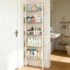 Behind The Door Narrow Bookshelves Pantry Spice Rack 5-Tier Slim Metal Space-Saving Organizer for Bathroom Closet Kitchen Living Room Sturdy Room Laundry Room, White