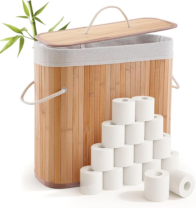 Leinuosen Bamboo Toilet Paper Storage Basket 8 Gallons Toilet Paper Organizer Holder with Lid Waterproof for Kitchen Bathroom Home(Beige,Regular)
