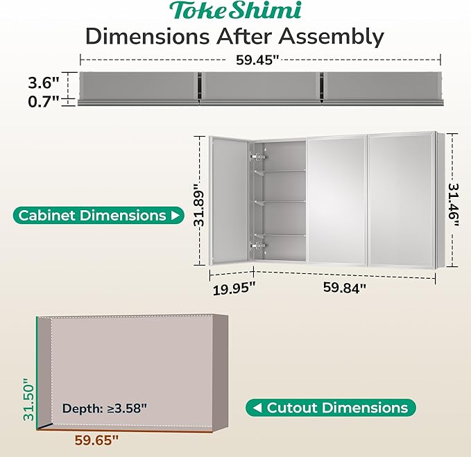 TokeShimi 60 x 32 Medicine Cabinet with Mirror, Assembly Required, Silver Medicine Cabinet for Bathroom, Stepless Adjustable Shelves, DTC Hinge, HD Tempered Glass, Recessed/Surface-Mounted