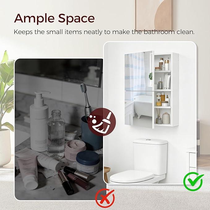 Medicine Cabinet with Mirror, Bathroom Cabinet Wall Mounted with 2 Mirrored Doors, Wooden Hanging Storage Cabinet with Adjustable Shelves, for Bathroom Vanity, Entryway, Living Room, White