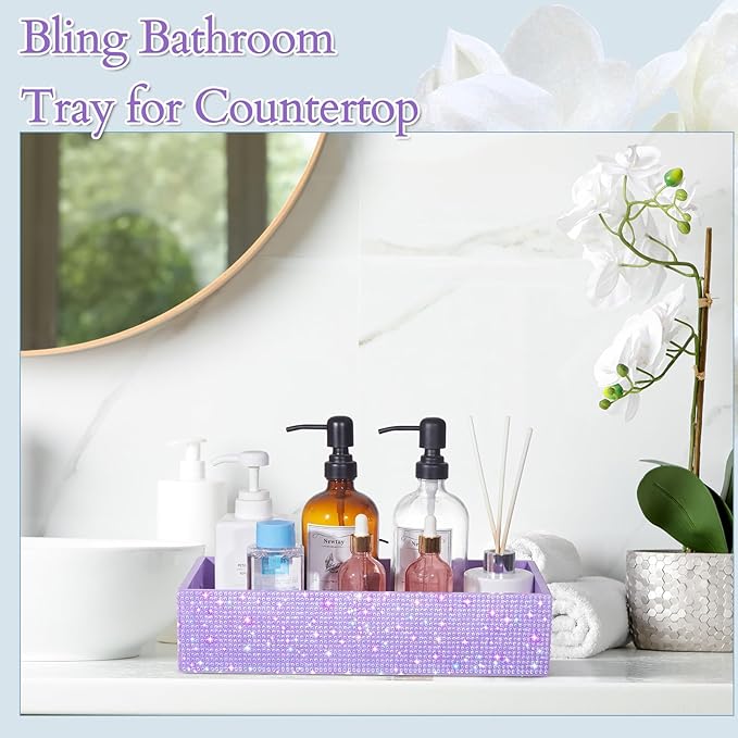 Honeydak Bling Rhinestone Bathroom Basket with Handle 13" x 6" x 3" Toilet Tank Tray, Crushed Diamond Bathroom Decor Accessories, Back of Toilet Storage Organizer, Sparkly Gifts for Women (Purple)
