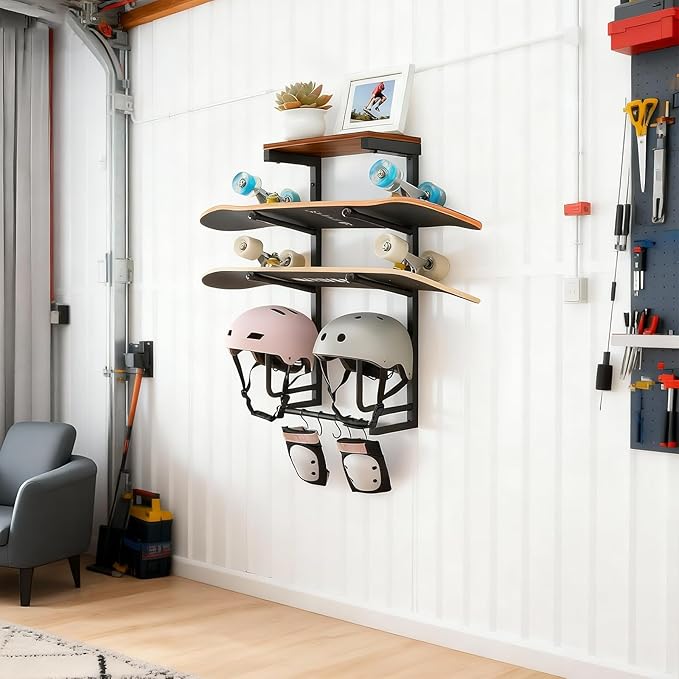 Skateboard Wall Mount Rack - Display Shelf & Hanger for Longboard, Snowboard, Boards with 2 Wooden Helmet Stands & 5 Gear Hooks (Black)