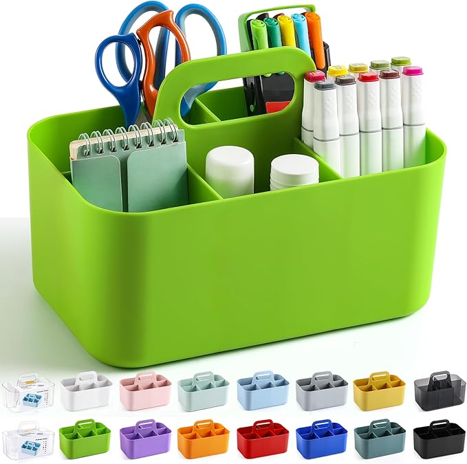 Multiuse Caddy Organizer with Handle - Stackable Plastic Tote Bin - Art Craft Supplies, Office, Desk, Stationery Pen Holder, Kitchen, Utensil, Makeup, Bathroom, Shower, Cleaning, Dorm Organizer -Green