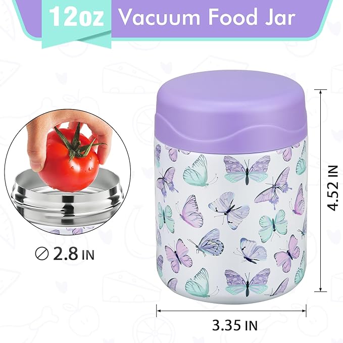 12oz Soup Thermo for Hot Food Kids Insulated Food Jar Wide Mouth Lunch Container Leak Proof Stainless Steel Vacuum Bento Box for School Office Travel Outdoors White-Butterfly