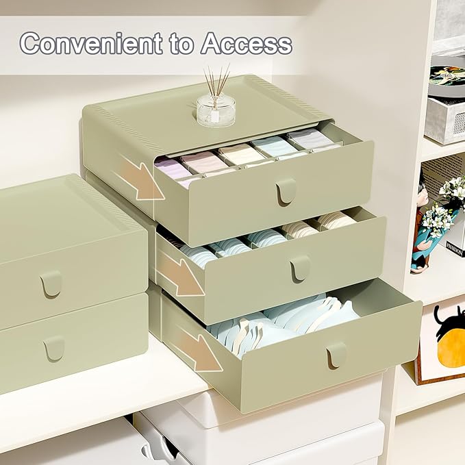 Underwear Organizer Drawer, 15 Cells Plastic Socks Drawer, Stackable Closet Organizer, Storage Box for Bras, Panties, Snacks, Green