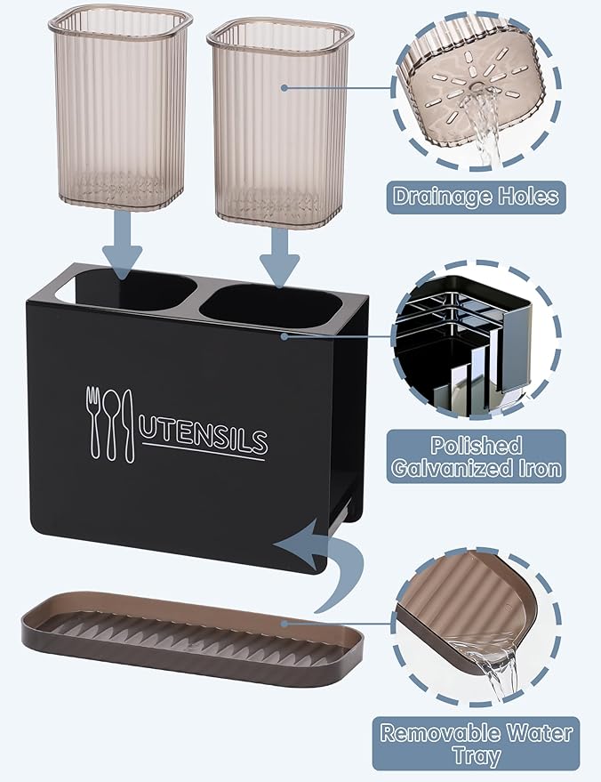 Kitchen Utensil Holder, Metal Silverware Holder with 2 Plastic Cups and Base, Modern Farmhouse Kitchen Decor, Countertop Utensil Organizer for Spoons Cooking Tools (Black)