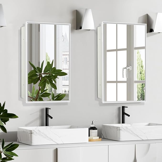 Plastic Medicine Cabinet with Mirror 16x26 inch, Recessed Medicine Cabinet or Surface Wall Mount Bathroom Cabinets with Adjustable Shelves, White Frame Mirror Cabinet
