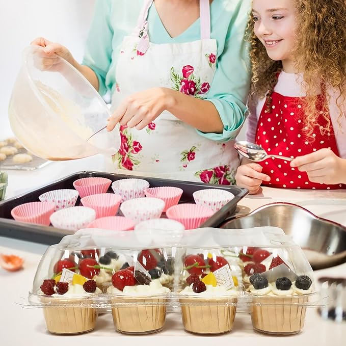 12 Count x 25 Sets Plastic Cupcake Containers, Durable and BPA-Free Cupcake Holder with Lid for Easy Transport Storage, Stackable Clear Cupcake Carriers, Reusable Dessert Boxes