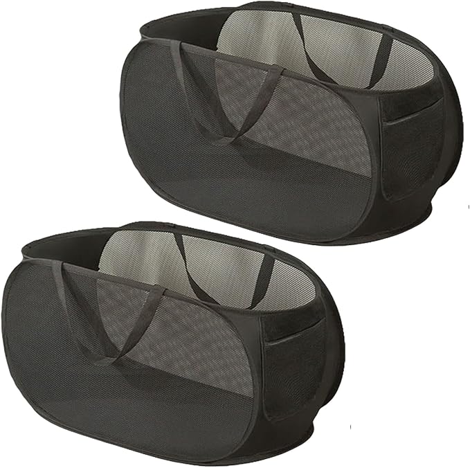 2 Piece Popup Mesh Laundry Basket Durable Handles Collapsible Laundry Baskets Folding Clothes Pastic Hamper for Laundry Room College Dorm (2 x Black)