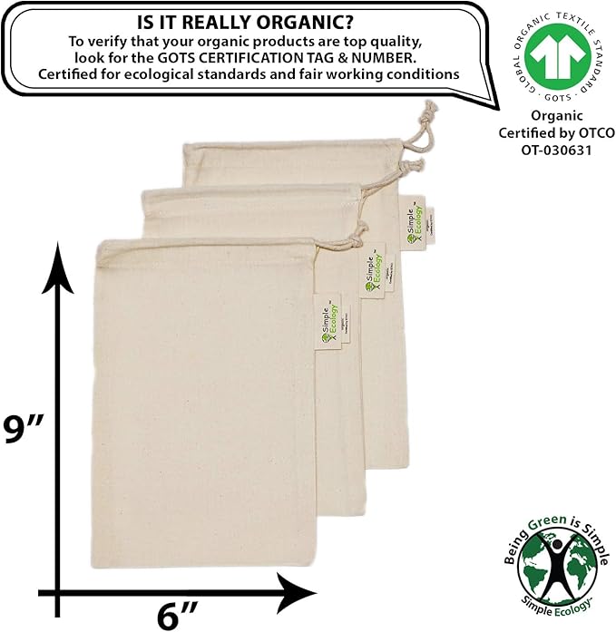 Simple Ecology Reusable Grocery Produce Shopping and Storage Bags, Organic Cotton Muslin, XSmall 3 pack