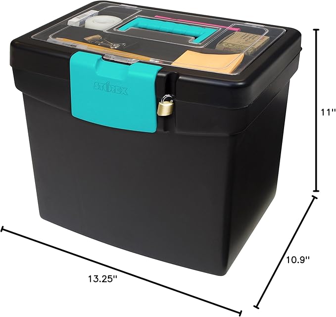 Storex Portable File Box, with Lockable XL Supply Storage Lid and Carry Handle, Black/Teal, 10.9 x 11 x 13.25 Inches, 2-Pack (61414B02C)