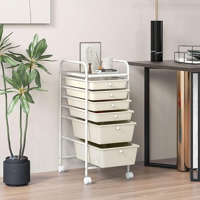 GOFLAME 6-Drawer Rolling Storage Cart, Multifunctional Art Supply Organizer Cart, Mobile Utility Storage Cart with Removable Drawers & Lockable Wheels, Craft Cart for Home Office, White