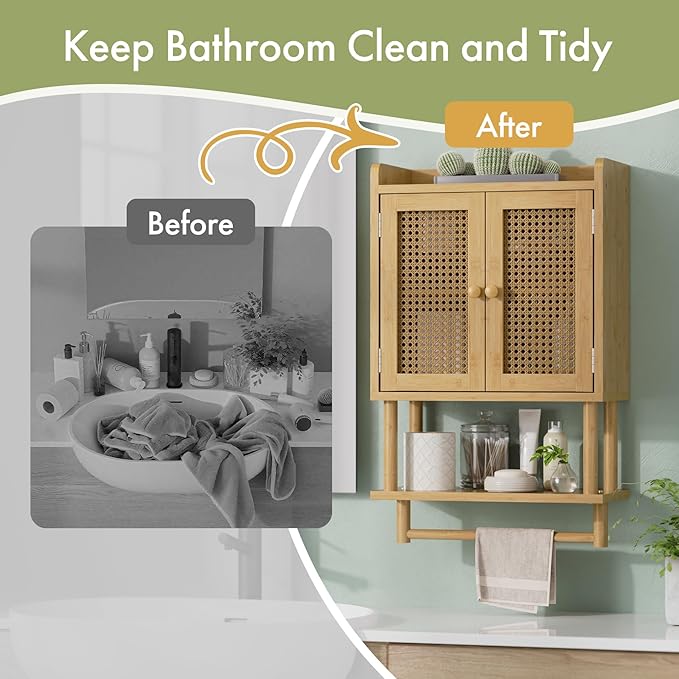 AmazerBath Bathroom Wall Cabinets, Bamboo Medicine Cabinet with Rattan Door, Over The Toilet Storage Cabinet with Towel Bar, Wall Mounted Cabinet with Adjustable Shelves for Small Spaces