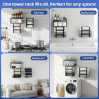 Towel Racks for Bathroom Wall Mounted, 4-Tier Bathroom Towel Rack with Shelf and Basket, Hold 6 Large Rolled Towels, 32-Inch Heavy Duty Towel Storage for Bathroom, RV, Black