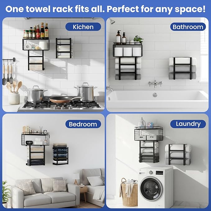 Towel Racks for Bathroom Wall Mounted, 4-Tier Bathroom Towel Rack with Shelf and Basket, Hold 6 Large Rolled Towels, 32-Inch Heavy Duty Towel Storage for Bathroom, RV, Black