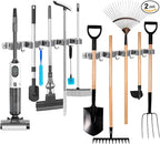 Broom Holder Wall Mount, Broom Organizer Wall Mount Stainless Steel Broom and Mop Hanger Heavy Duty Storage Organization for Home Kitchen Garden Garage Room 5 Racks 4 Hooks (2PACK)(Grey Racks)