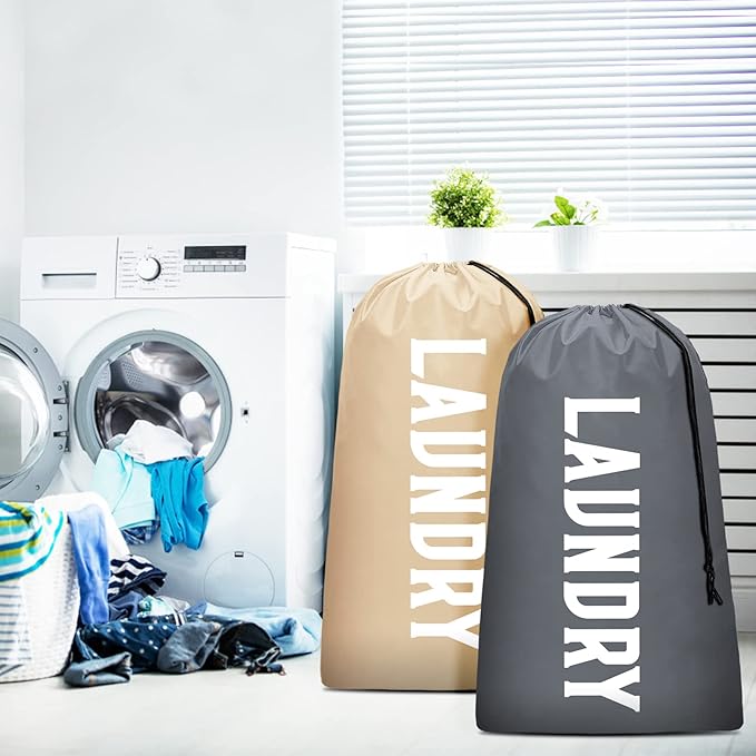 2 Pack XL Travel Laundry Bag, Machine Washable Dirty Clothes Organizer, Large Enough to Hold 4 Loads of Laundry, Easy Fit a Laundry Hamper or Basket (Khaki + Grey)